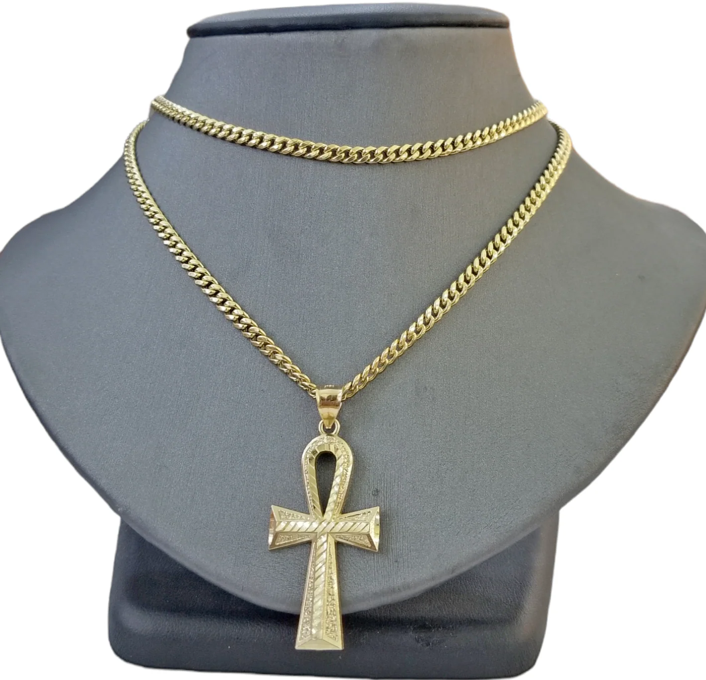 Real 10k Yellow Gold Ankh charm pendant 2.2 Inches Diamond Cuts Charm for Chains - Image 3