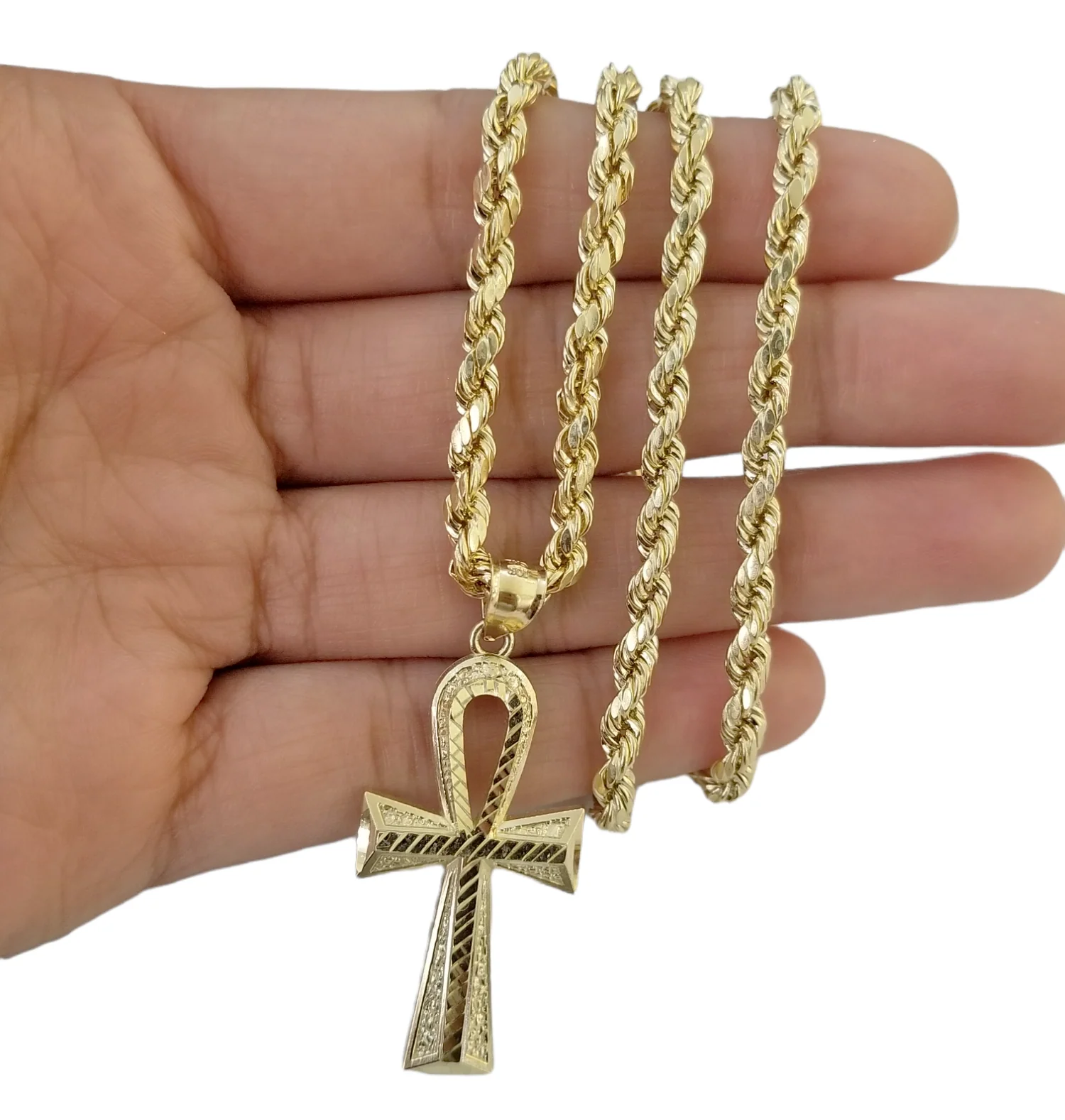 Real 10k Yellow Gold Ankh charm pendant 2.2 Inches Diamond Cuts Charm for Chains - Image 4