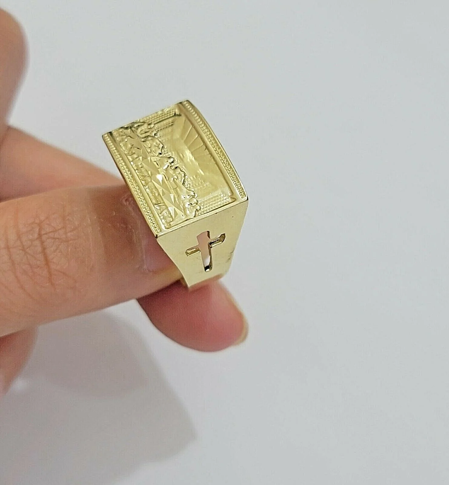Solid 10k Yellow Gold Ring Last Supper Style Casual, Pinky, Square, REAL 10kt Size: 6 7 8 9 10 11&12 - Image 4