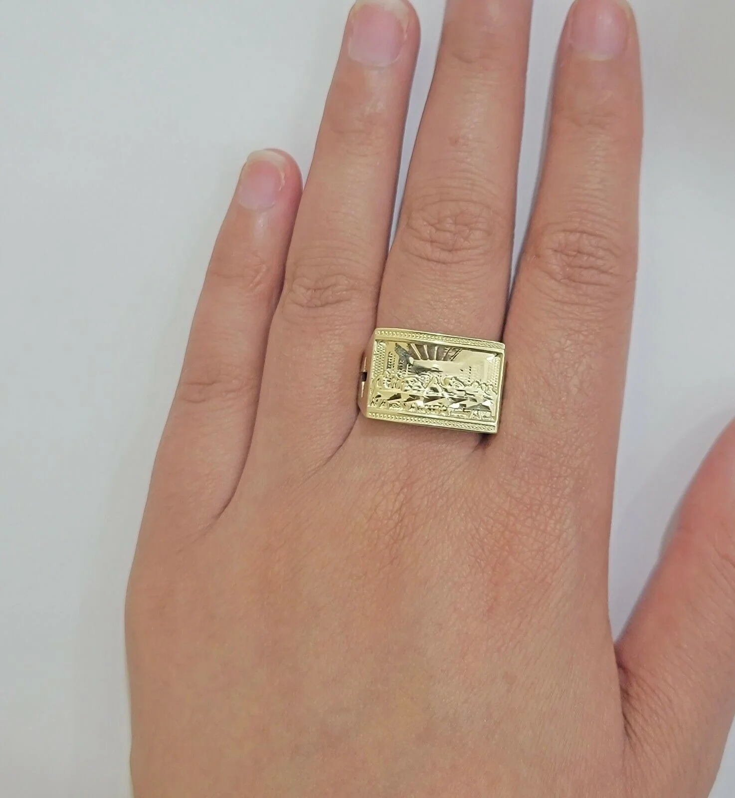 Solid 10k Yellow Gold Ring Last Supper Style Casual, Pinky, Square, REAL 10kt Size: 6 7 8 9 10 11&12 - Image 5