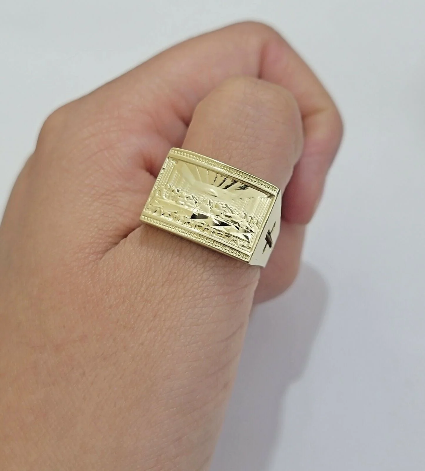Solid 10k Yellow Gold Ring Last Supper Style Casual, Pinky, Square, REAL 10kt Size: 6 7 8 9 10 11&12 - Image 6